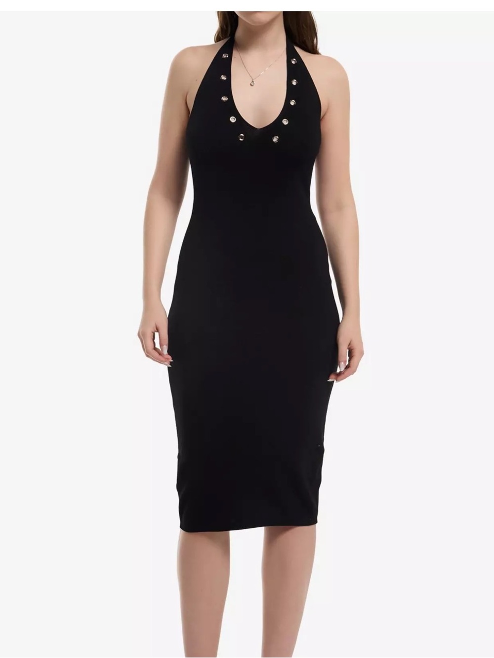 Derek Heart Black Halter Midi Dress with Grommet Detail